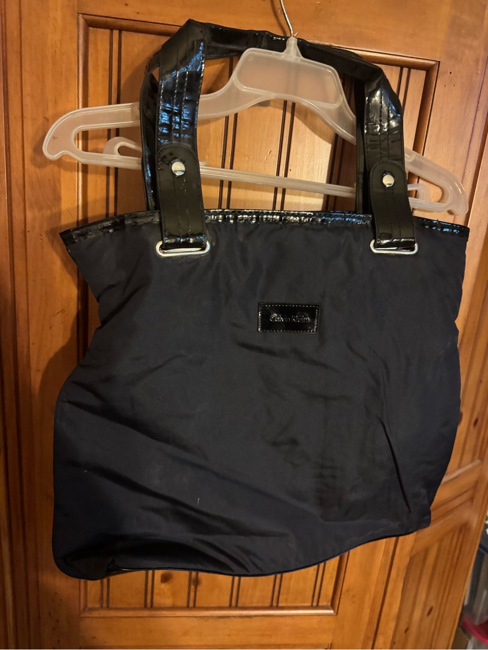 Calvin Klein Black Nylon Tote with Patent Trim Handles